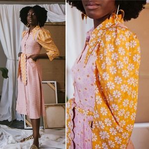 NWT CeliaB In Bloom Azahar Floral Vibrant Puff Sleeve Midi Dress Size Small